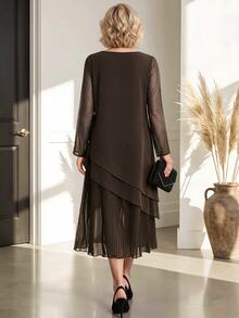 Miaspire Elegant Ruffle Flower, Long Party Dress Women, Chiffon Chocolate Brown, Long Sleeve Pleated, Wedding Guest Formal, Fall Winter - Brown - View 2