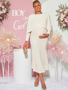 Loomaby Maternity Solid Color Shawl Top And Dress Casual Daily 2 Pieces Set,Gender Reveal Dress,Maternity Dress,Baby Shower Dress Fall - Apricot - View 9