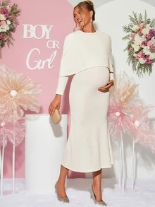 Loomaby Maternity Solid Color Shawl Top And Dress Casual Daily 2 Pieces Set,Gender Reveal Dress,Maternity Dress,Baby Shower Dress Fall - Apricot - View 4