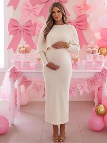 Loomaby Maternity Solid Color Shawl Top And Dress Casual Daily 2 Pieces Set,Gender Reveal Dress,Maternity Dress,Baby Shower Dress Fall - Apricot - View 1