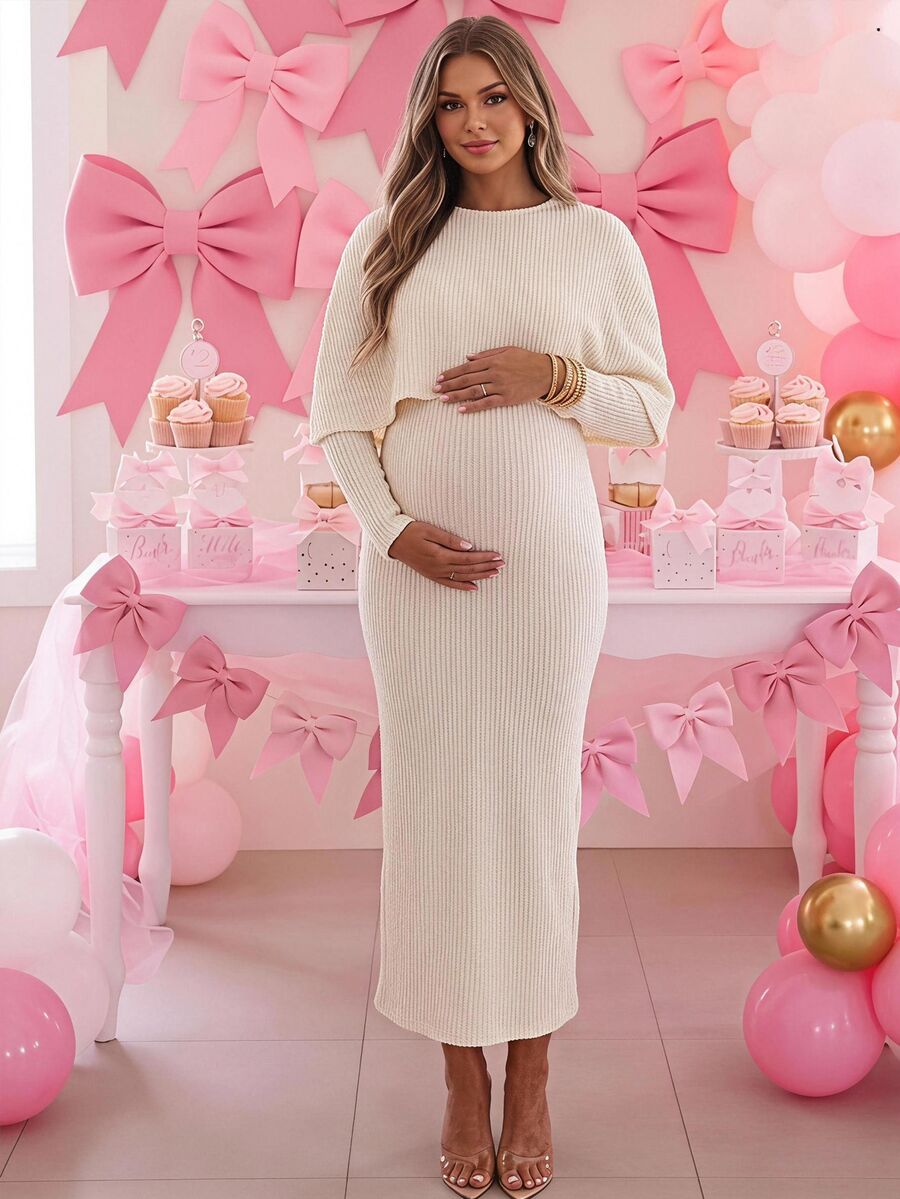 Loomaby Maternity Solid Color Shawl Top And Dress Casual Daily 2 Pieces Set,Gender Reveal Dress,Maternity Dress,Baby Shower Dress Fall - Apricot - View 1