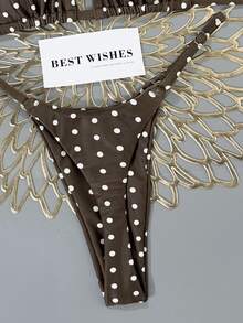 SHEIN Swim 2pcs Brown Polka Dot Print Bikini Set,Micro Triangle Briefs,Summer 1950s Vintage Bathing Suits For Women,Beach Vacation Holiday 2 Pieces Set - Coffee Brown - View 7