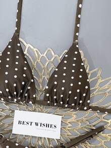 SHEIN Swim 2pcs Brown Polka Dot Print Bikini Set,Micro Triangle Briefs,Summer 1950s Vintage Bathing Suits For Women,Beach Vacation Holiday 2 Pieces Set - Coffee Brown - View 8
