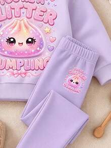 紫色多巴胺亮片軟綿綿包子印花「You're A Sparkling Little Dumpling」女童休閒抓絨內裡鬆軟寬鬆套頭衛衣與內搭褲2件套，秋冬新款，適合日常穿著、外出、運動，俏皮甜酷女孩，活力學院風，個性休閒時尚，Cyber Sweetheart，Y2K - 彩色 - 查看 4