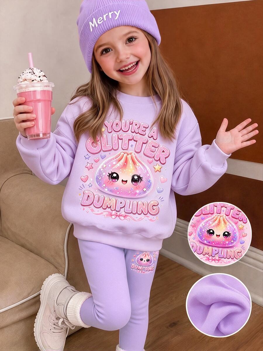 紫色多巴胺亮片軟綿綿包子印花「You're A Sparkling Little Dumpling」女童休閒抓絨內裡鬆軟寬鬆套頭衛衣與內搭褲2件套,秋冬新款,適合日常穿著、外出、運動,俏皮甜酷女孩,活力學院風,個性休閒時尚,Cyber Sweetheart,Y2K - 彩色 - 查看 1