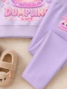 紫色多巴胺亮片軟綿綿包子印花「You're A Sparkling Little Dumpling」女童休閒抓絨內裡鬆軟寬鬆套頭衛衣與內搭褲2件套，秋冬新款，適合日常穿著、外出、運動，俏皮甜酷女孩，活力學院風，個性休閒時尚，Cyber Sweetheart，Y2K - 彩色 - 查看 6