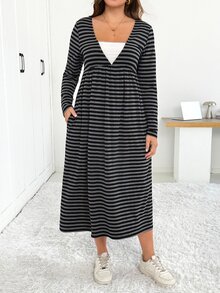Shapeblank Women's Plus-Size Long-Sleeve Midi Dress – Stylish, Casual, Stretchy, And Comfortable For Everyday Wear (Grey Striped),Pockets Dress,Fall Outfits - Grey - View 4