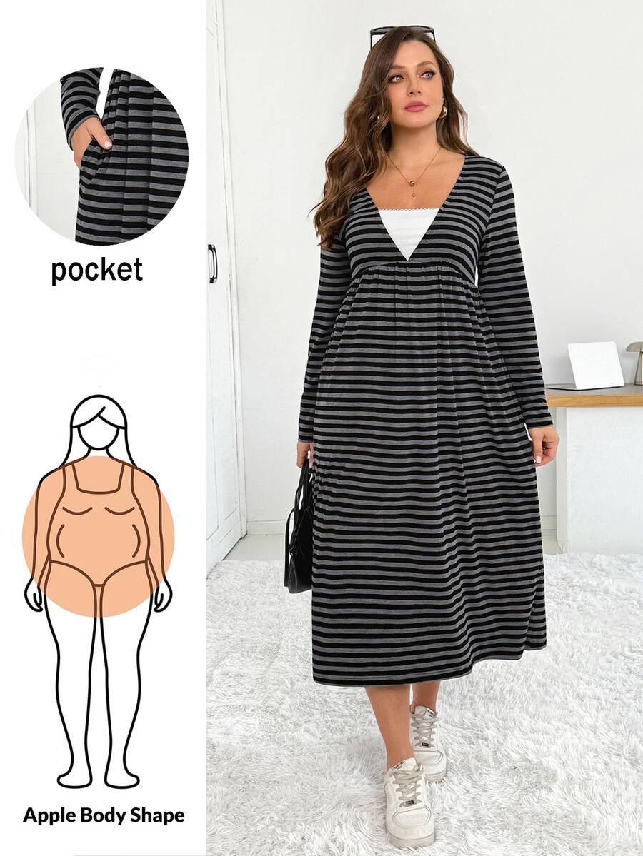 Shapeblank Women's Plus-Size Long-Sleeve Midi Dress – Stylish, Casual, Stretchy, And Comfortable For Everyday Wear (Grey Striped),Pockets Dress,Fall Outfits - Grey - View 1