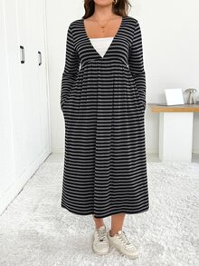 Shapeblank Women's Plus-Size Long-Sleeve Midi Dress – Stylish, Casual, Stretchy, And Comfortable For Everyday Wear (Grey Striped),Pockets Dress,Fall Outfits - Grey - View 3