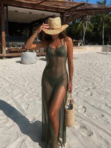 SHEIN Swim Summer Beach Sheer Bikini Set Triangle Bra & Thong Bottom & Cover Up Dress - Army Green - View 5