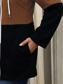 SHEIN LUNE CURVE جاكيت كاجوال نسائي مقاس كبير بألوان متباينة وأكمام طويلة وسحاب أمامي وغطاء رأس برباط للخريف - متعدد الألوان - مشاهدة 3