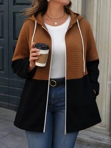 SHEIN LUNE CURVE جاكيت كاجوال نسائي مقاس كبير بألوان متباينة وأكمام طويلة وسحاب أمامي وغطاء رأس برباط للخريف - متعدد الألوان - مشاهدة 1
