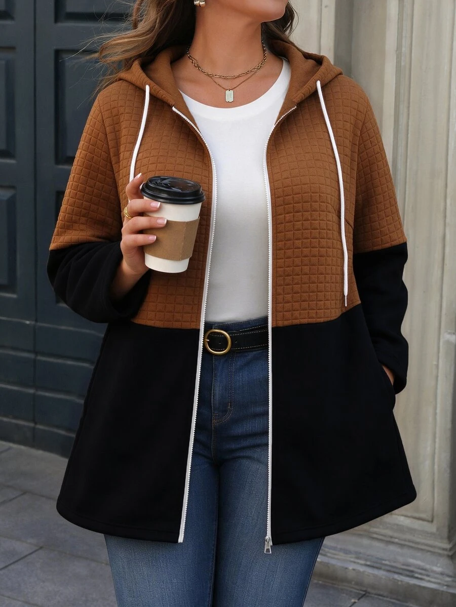 SHEIN LUNE CURVE جاكيت كاجوال نسائي مقاس كبير بألوان متباينة وأكمام طويلة وسحاب أمامي وغطاء رأس برباط للخريف - متعدد الألوان - مشاهدة 1