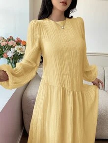 Solavon New Solid Color Loose Fit Comfortable Vacation Versatile Lantern Sleeve Dress  Unlined Sleeves Unlined Sleeves Unlined Sleeves Unlined Sleeves - Pale Yellow - View 6