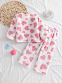 SHEIN 2件組女童毛絨愛心印花公主刺繡圓領長袖居家休閒舒適軟綿睡衣套裝 - 淺粉色 - 查看 4