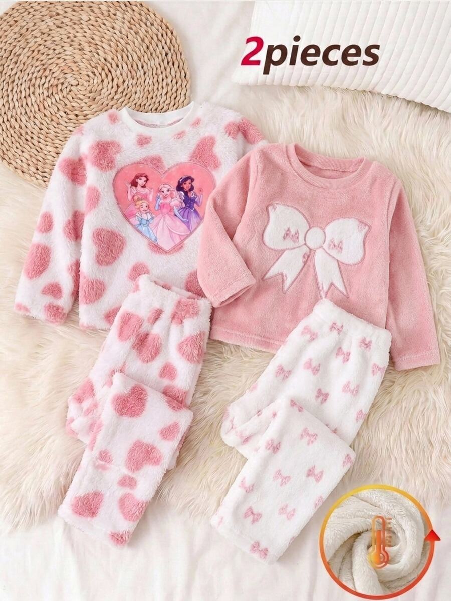 SHEIN 2件組女童毛絨愛心印花公主刺繡圓領長袖居家休閒舒適軟綿睡衣套裝 - 淺粉色 - 查看 1