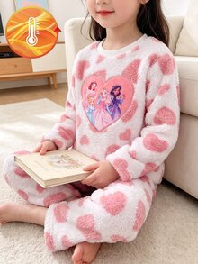SHEIN 2件組女童毛絨愛心印花公主刺繡圓領長袖居家休閒舒適軟綿睡衣套裝 - 淺粉色 - 查看 7
