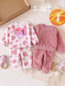 SHEIN 2件組女童毛絨愛心印花公主刺繡圓領長袖居家休閒舒適軟綿睡衣套裝 - 淺粉色 - 查看 6