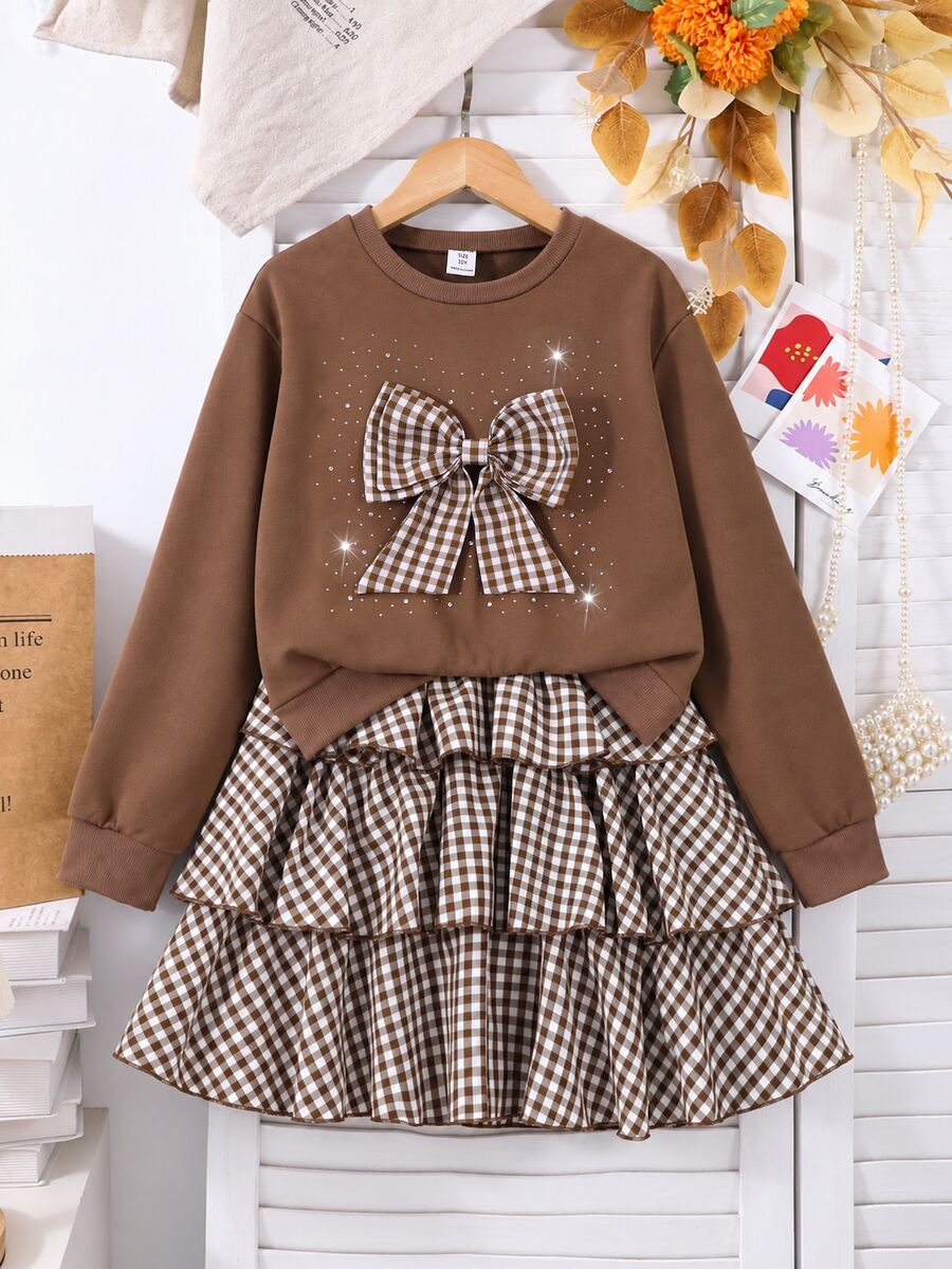 Tween Girl Fall Outfits 2 Pieces Outfit, 3D Bow Rhinestone Long‑Sleeve Sweatshirt Tiered Ruffle Skirt Set Casual Cute Preppy School Brown Brown Plaid - Brown - View 1