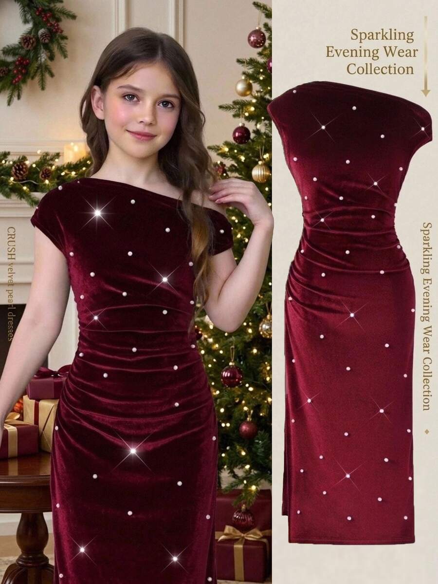SHEIN فستان كاجوال للفتيات المراهقات من المخمل المحبوك بلون موحد مع ياقة غير متماثلة وزخارف خرزية - متعدد الألوان - مشاهدة 1