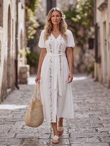 Hansera 2026 Spring/Summer New Regular Women's Extra Long V-Neck Embroidered Short Sleeve Dress - White - View 4