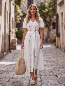 Hansera 2026 Spring/Summer New Regular Women's Extra Long V-Neck Embroidered Short Sleeve Dress - White - View 6