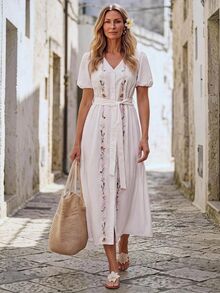 Hansera 2026 Spring/Summer New Regular Women's Extra Long V-Neck Embroidered Short Sleeve Dress - White - View 1