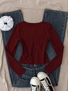 SHEIN Teen Girls Lace Trim Patchwork Elastic Slim Fit Ribbed Long Sleeve T-Shirt, Christmas Halloween New Year - Burgundy - View 2