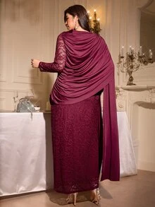 Reflora Plus Size Elegant Pleated Lace Patchwork Dress New Year Party Wedding Formal Burgundy Fall - Burgundy - View 3