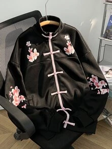 Elamini 女款秋冬黑色與粉色對比手工青蛙鈕扣裝飾梅花印花立領拉鍊連帽衫，附口袋，復古可愛甜美酷感Y2K新中式風格，適合返校、通勤、辦公、日常穿著、外出與約會 - 黑色 - 查看 6
