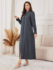 Yasmyna Purple Casual Loose Zip-Up Abaya For Women, Suitable For Autumn/Winter Outings - Dark Grey - View 5