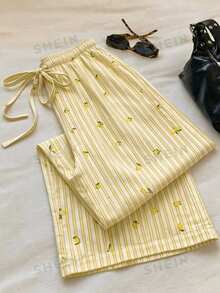 Tseoso Women's Cute Striped Lemon Pattern Print Drawstring Waist Casual Long Pants - Multicolor - View 7