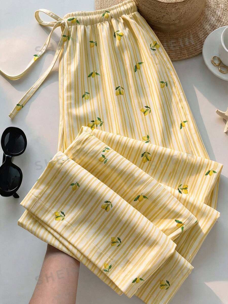 Tseoso Women's Cute Striped Lemon Pattern Print Drawstring Waist Casual Long Pants
