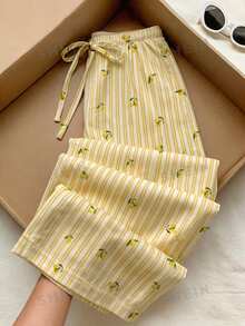 Tseoso Women's Cute Striped Lemon Pattern Print Drawstring Waist Casual Long Pants - Multicolor - View 5