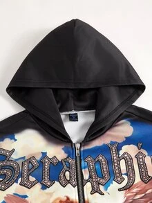 ROMWE MEN Street Life Spring Casual Pattern Men's Casual Angel Letter Print Hoodie, Autumn/Winter - Black - View 8