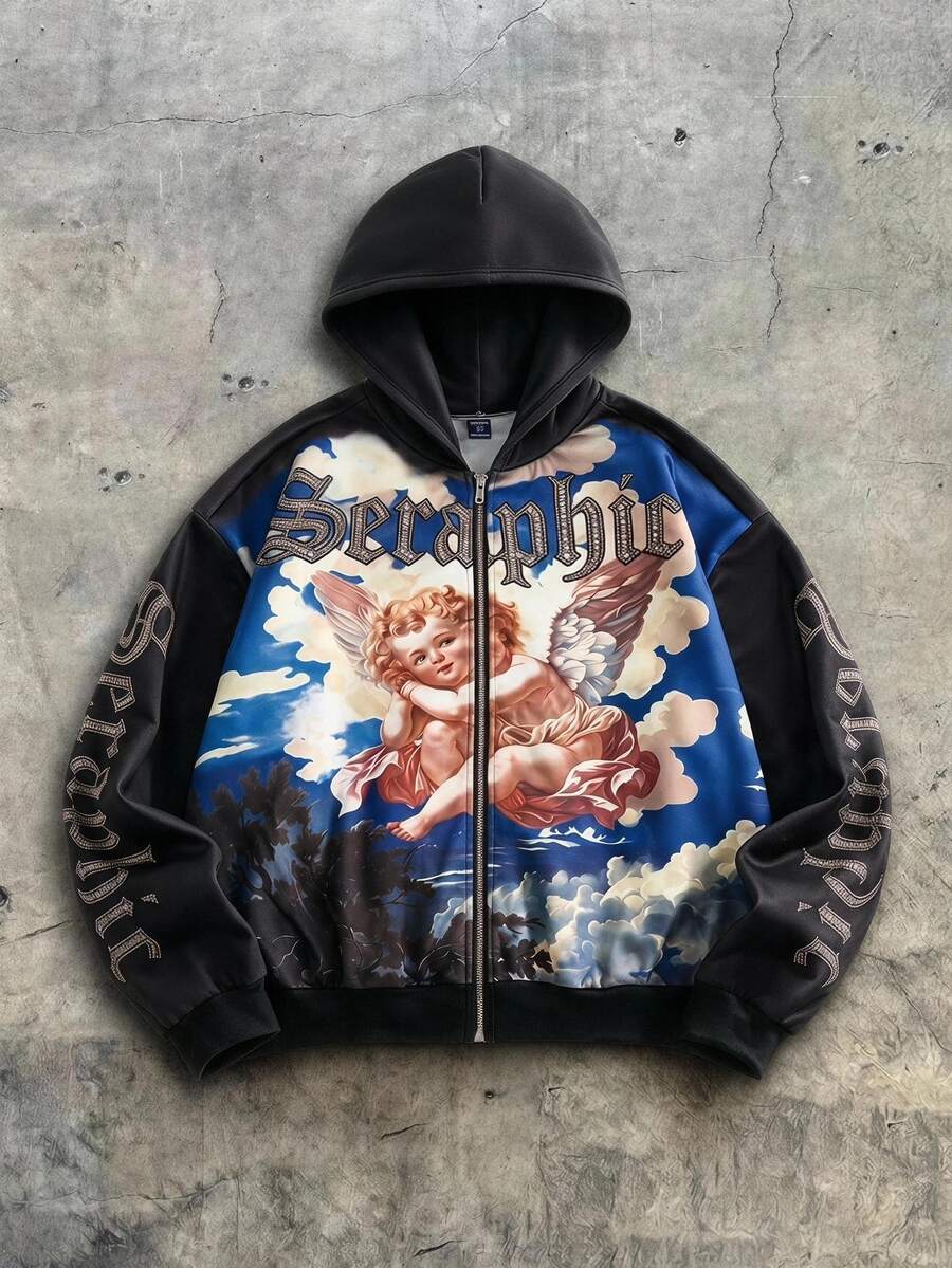 ROMWE MEN Street Life Spring Casual Pattern Men's Casual Angel Letter Print Hoodie, Autumn/Winter - Black - View 1