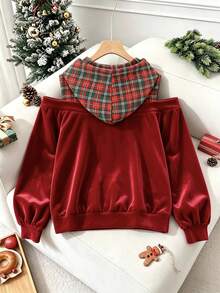 SHEIN LUNE CURVE Áo nỉ hở vai họa tiết kẻ caro thời trang size lớn - Đỏ - Xem 2