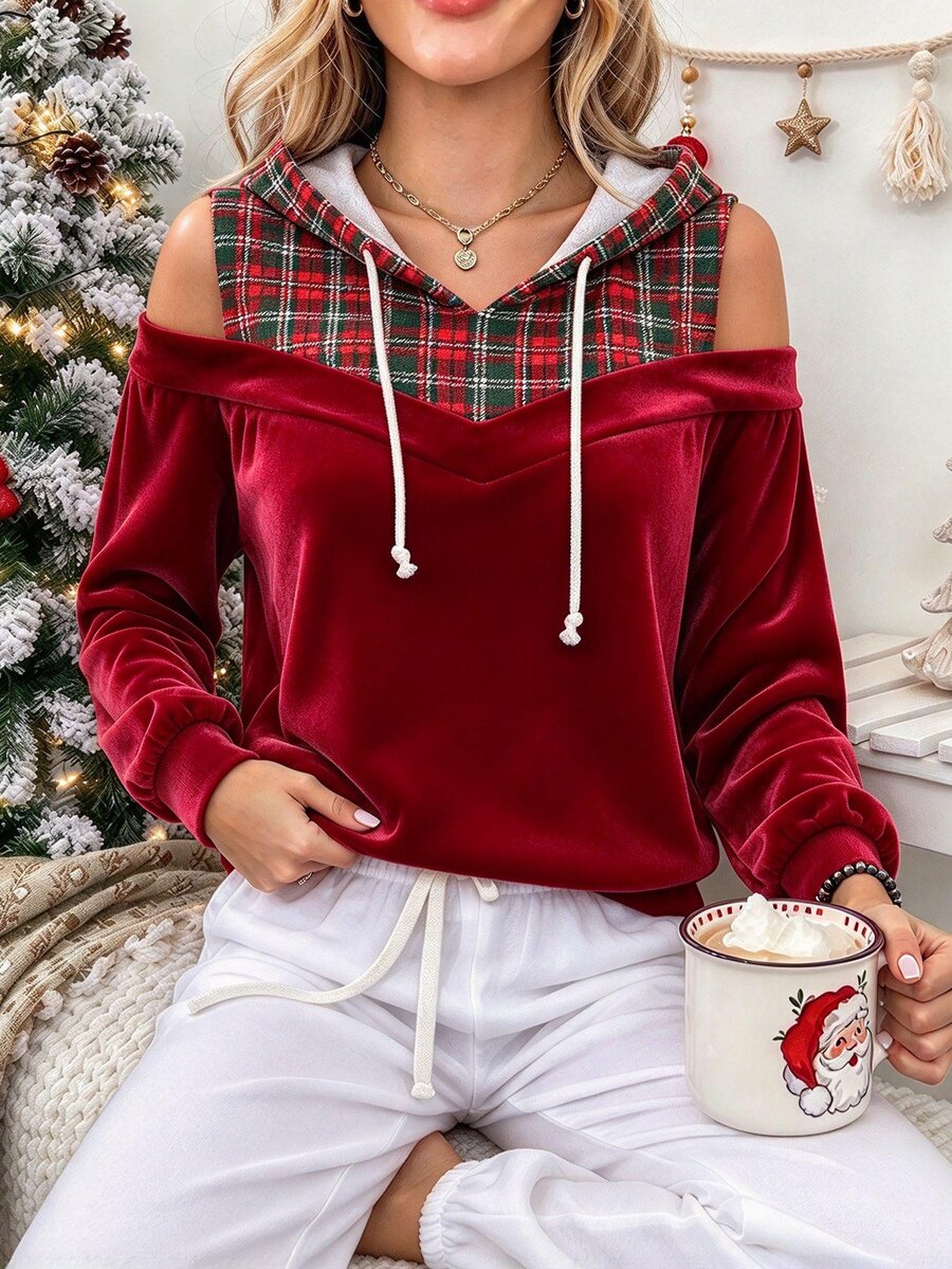 SHEIN LUNE CURVE Áo nỉ hở vai họa tiết kẻ caro thời trang size lớn - Đỏ - Xem 1