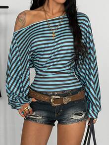 StreetHx Women's Spring/Summer Striped Fiercella Cold Shoulder Long Sleeve T-Shirt, Slimming Loose Fit, Sexy Style, Suitable For Vacation And Travel - Multicolor - View 3