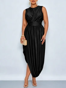 SOLERSUN Plus Size Women Solid Color Pleated Casual Party Dress - Black - View 7