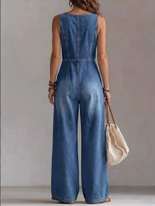 LUMIGAL Women's Button Front Pocket Casual Wide Leg Denim Jumpsuit - Blue - View 2