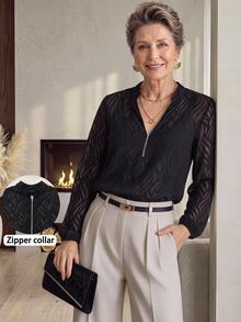 Medorina Elegant Mature Style, Textured Jacquard Blouse, Chiffon Sheer Sleeve, Solid Black, V-Neck Zip Up, Office Work Party, Fall Winter - Black - View 1