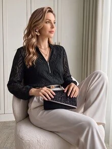 Medorina Elegant Mature Style, Textured Jacquard Blouse, Chiffon Sheer Sleeve, Solid Black, V-Neck Zip Up, Office Work Party, Fall Winter - Black - View 6