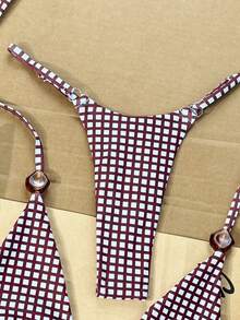SHEIN Swim 2026 Spring/Summer Random Burgundy Plaid Spaghetti Strap Halter Amber Asymmetric Beads Side High Cut Tie Bikini Swimwear 2pcs Set For Women - Burgundy - View 6