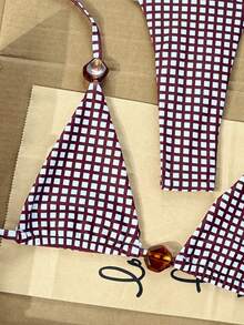 SHEIN Swim 2026 Spring/Summer Random Burgundy Plaid Spaghetti Strap Halter Amber Asymmetric Beads Side High Cut Tie Bikini Swimwear 2pcs Set For Women - Burgundy - View 5