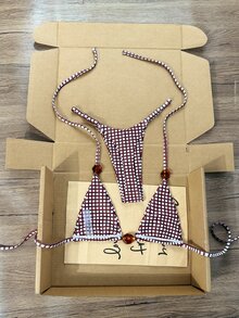 SHEIN Swim 2026 Spring/Summer Random Burgundy Plaid Spaghetti Strap Halter Amber Asymmetric Beads Side High Cut Tie Bikini Swimwear 2pcs Set For Women - Burgundy - View 2