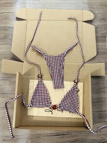 SHEIN Swim 2026 Spring/Summer Random Burgundy Plaid Spaghetti Strap Halter Amber Asymmetric Beads Side High Cut Tie Bikini Swimwear 2pcs Set For Women - Burgundy - View 7