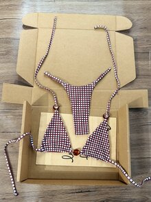 SHEIN Swim 2026 Spring/Summer Random Burgundy Plaid Spaghetti Strap Halter Amber Asymmetric Beads Side High Cut Tie Bikini Swimwear 2pcs Set For Women - Burgundy - View 3