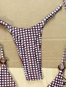 SHEIN Swim 2026 Spring/Summer Random Burgundy Plaid Spaghetti Strap Halter Amber Asymmetric Beads Side High Cut Tie Bikini Swimwear 2pcs Set For Women - Burgundy - View 4