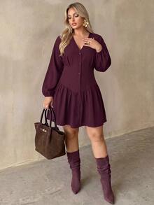 Auralis Spring/Autumn V-Neck Purple-Red Plus Size Cinched Waist Shirt-Style A-Line Flared Mini Dress/Button-Decorated Plus Size Retro Back-To-School Mini Dress - Red Violet - View 4